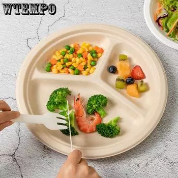 WTEMPO 50 шт. 23 см одноразовые круглые бумажные тарелки домашние вечеринки разделенные тарелки разлагаемые тарелки для орехов фруктов тарелки для пикника на открытом воздухе барбекю 50pcs белый