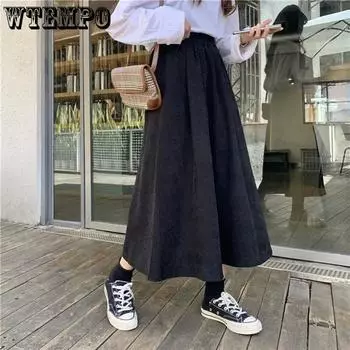 WTEMPO эластичная черная юбка с высокой талией, женская весенняя однотонная универсальная юбка трапециевидной формы, повседневная плиссированная юбка до середины икры для девочек, уличная одежда S чёрный