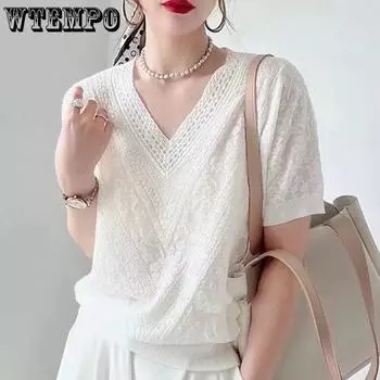 WTEMPO элегантная рубашка с v-образным вырезом и коротким рукавом, летняя шелковая кружевная блузка, свитер, женские повседневные открытые топы, женская свободная футболка S белый