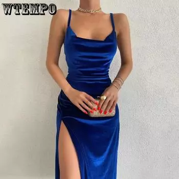 WTEMPO элегантное вечернее платье для женщин, летнее бархатное облегающее платье миди, женское платье без рукавов с открытыми плечами и открытой спиной, вечерние клубные платья S красный