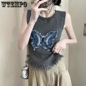 WTEMPO American Retro Butterfly Knitted Vests Women s Spring Summer Tassel Short Slim Fit Large Size Sleevelesss Tops One Size серый