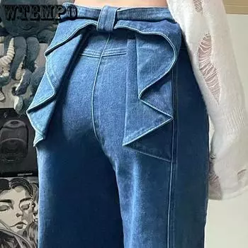 WTEMPO American Retro Patchwork Back Bow Long Jeans Women s Large Size High Waist Loose Wide Leg Denim Pants Streetwear S синий