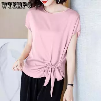 WTEMPO атласная блузка, женские повседневные топы с короткими рукавами, рубашки, летняя женская тонкая футболка с бантом и короткими рукавами S зелёный