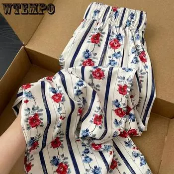 WTEMPO Атласные классные брюки с цветочным принтом в стиле отпуска, широкие брюки для женщин, весна-лето-осень, тонкий повседневный прогулочный материал из ледяного шелка S белый