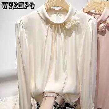 WTEMPO атласные женские блузки с длинными рукавами из искусственного шелка, весенне-осенние однотонные пуловеры с французскими объемными цветами, топы M бежевый