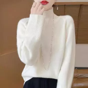 WTEMPO Autumn and Winter Semi High Neck Sweater Loose Knitted Top and Pullover Knit Sweater S