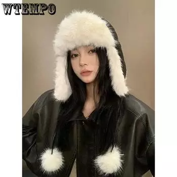 WTEMPO Autumn Winter Ear Protection Plush Bomber Hats Warm Thickened Outdoor Cold-proof Cycling Skiing Hats for Couple One Size чёрный