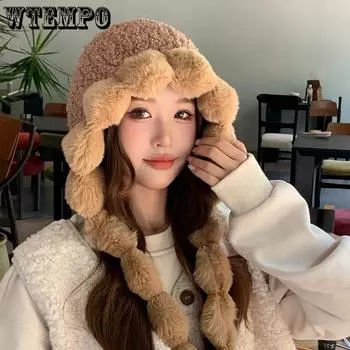 WTEMPO Autumn Winter Female Plush Knitted Hats Winter Warm Cold-proof Ear Protection Hats Soft Thicksolid Color Casual Bomber Hats One Size хаки