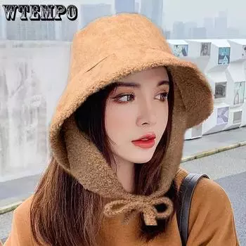 WTEMPO Autumn Winter Plush Warm Bucket Hats Women s Solid Color Windproof Cold-proof Lamb Wool Cycling Hats One Size хаки
