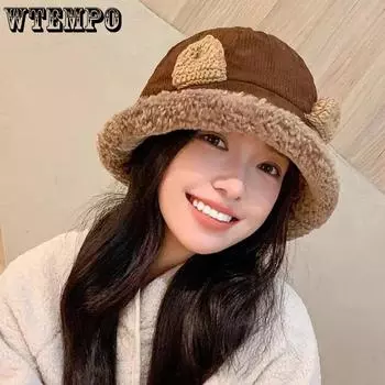 WTEMPO Autumn Winter Solid Color Cute Ear Bucket Hats Women s Cold-proof Windproof Thickened Warm Plush Hats One Size хаки