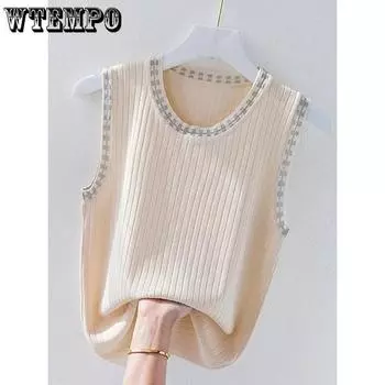 WTEMPO Белые жилеты-камисоль для женщин, весенне-осенние костюмы, базовые рубашки, без рукавов, трикотажные топы из ледяного шелка M чёрный