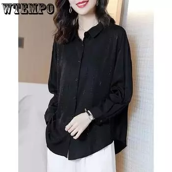 WTEMPO Black High End Shirts Women Spring Summer Stylish Long Sleeve Loose Large Size Turn-down Collar Button Tops S чёрный