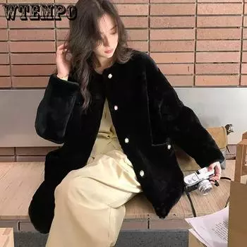 WTEMPO Black O-neck Thickened Warm Autumn Winter Plush Cotton Coat Large Size Windproof Cold-proof Faux Fur Jacket S чёрный