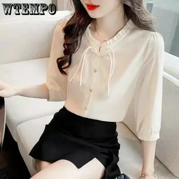WTEMPO блузка с вышивкой в китайском стиле, женская рубашка, топы, Blusas Mujer, абрикосовая блузка с длинными рукавами, женская S абрикосовый