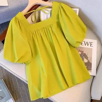 WTEMPO Блузки женские летние модные корейские стильные простые пышные рукава свободные милые складки квадратный воротник повседневные модные футболки L бежевый
