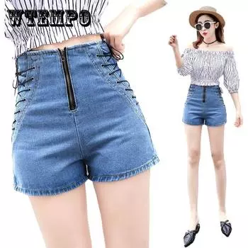 WTEMPO Боковые ремни Циппер Закрытие Высокий Waist Джинсовые шорты женщины Loose-линии Тонкие случайные брюки XXXXXL синий