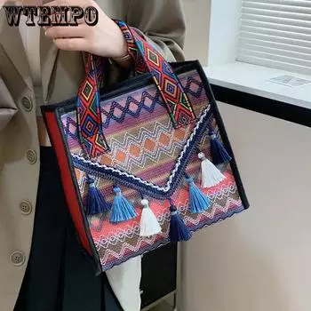 WTEMPO Большая вместительная сумка в этническом стиле, популярная женская сумка для поездок на работу, сумка с кисточками для женщин 1pc красный