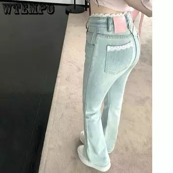 WTEMPO Большие размеры кружевные лоскутные джинсовые расклешенные брюки женские осенне-зимние узкие повседневные эластичные джинсы с высокой талией S синий
