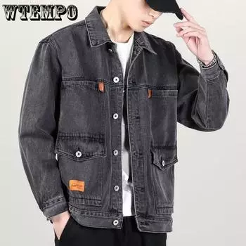 WTEMPO Большие размеры однотонные джинсовые куртки мужские износостойкие ветрозащитные осенне-зимние свободные пальто с отложным воротником XS серый
