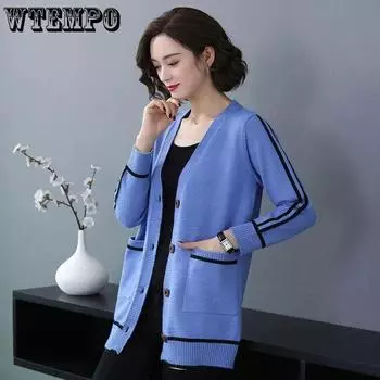 WTEMPO Большие размеры, однотонные, полосатые, с карманами, пуговицами, V-образным вырезом, трикотажные кардиганы, женские повседневные, универсальные, с длинным рукавом, свитера, пальто S синий