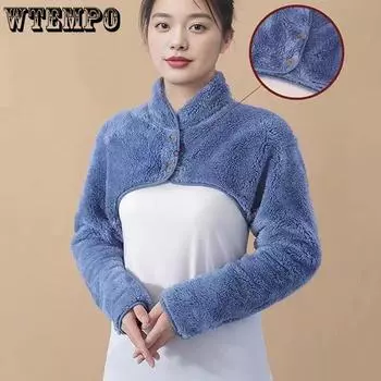 WTEMPO Большие размеры, однотонные теплые длинные рукава, женские коралловые бархатные плюшевые наплечники, короткие топы на пуговицах M синий