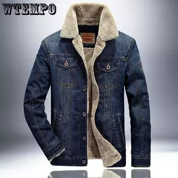 WTEMPO Большие размеры однотонные зимние мужские джинсовые куртки утолщенные свободные большие размеры ветрозащитные утепленные пальто M синий