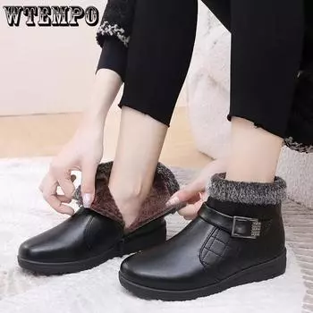 WTEMPO Большие размеры, повседневные однотонные туфли из искусственной кожи PU, женские осенне-зимние теплые холодостойкие плюшевые туфли без застежек 36 чёрный