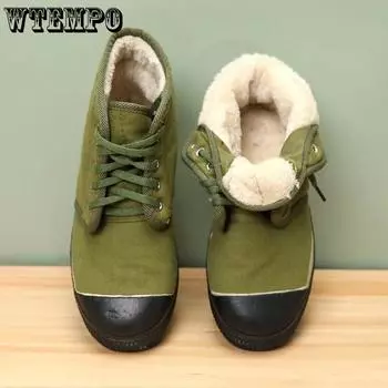 WTEMPO Большие размеры, теплые плюшевые туфли на шнуровке, мужские зимние нескользящие толстые туфли на плоском каблуке, износостойкие походные туфли 45 зелёный