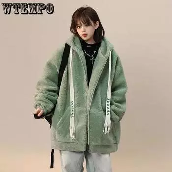 WTEMPO Большие размеры, утепленные, ветрозащитные, с карманами на молнии, с капюшоном, флисовые пальто, женские толстые, теплые, осенне-зимние плюшевые куртки L чёрный