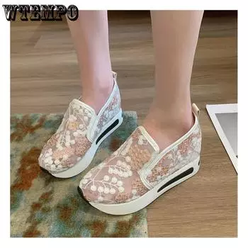 WTEMPO Большие размеры Женская модная обувь Цветочная вышивка Кроссовки из сетки Женские туфли без застежек на каблуке Оптовая продажа Прямая поставка 35 зелёный
