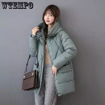 WTEMPO Большие размеры Женские свободные пальто с хлопковой подкладкой Утолщенные теплые пуховые пальто Однотонные пальто на молнии с карманами One Size чёрный