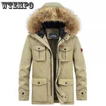WTEMPO Большие размеры зимняя куртка мужская теплая толстая флисовая парка ветровка военная с капюшоном меховой воротник пальто мужская одежда M хаки