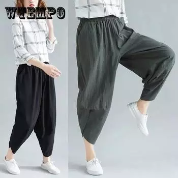 WTEMPO большие женские брюки, льняные однотонные хлопковые льняные брюки, свободные повседневные шаровары с восемью точками, летние тонкие брюки XXL красный