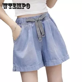 WTEMPO Большой карман высокой эластичной Waist джинсовые шорты женщины Loose Весна и лето Широкая нога-лайн Тонкие повседневные джинсы XXXXXL синий