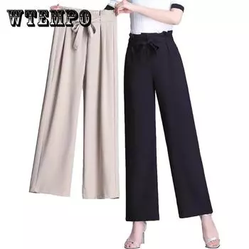 WTEMPO Bowknot Брюки женщины Loose High Waist Широкая нога Летние прямые брюки Случайный Прохладный Удобный Офис Главная Go Out Party XXXXL
