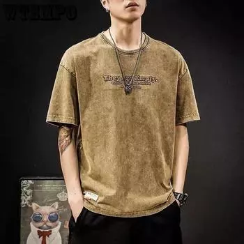 WTEMPO Brand Летняя хлопковая футболка с короткими рукавами Мужская свободная модная футболка большого размера с коротким рукавом и круглым вырезом с баской M жёлтый