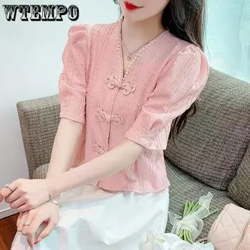 WTEMPO Brand Модная и универсальная женская рубашка с V-образным вырезом, расшитая бисером, рукавами-фонариками, летняя с тонкими ретро-топами на пуговицах S абрикосовый