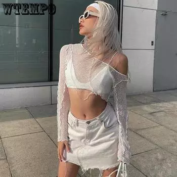 WTEMPO Бренд Pure Desire Style Perspective Mesh Oblique Neck Long Sleeve Женская футболка Сексуальная короткая свободная тонкая блузка сращивание пуловер Топы S белый