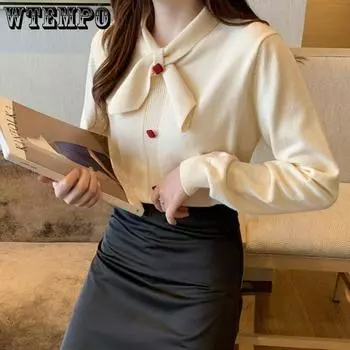 WTEMPO Брендовая модная облегающая женская нижняя рубашка с длинным рукавом, узкий трикотаж с внутренней подкладкой и дизайнерским пуловером с бантом, свитера S бежевый