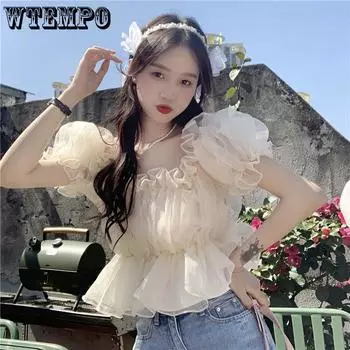 WTEMPO Брендовая шифоновая рубашка с короткими рукавами-фонариками и квадратным воротником, женская летняя дизайнерская рубашка Sense of French Two Wear с короткими рукавами S абрикосовый