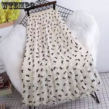 WTEMPO Брендовая тонкая сетчатая юбка с высокой талией, сетчатое платье средней длины с бантом и бантом, модная однотонная универсальная плиссированная юбка трапециевидной формы One size абрикосовый