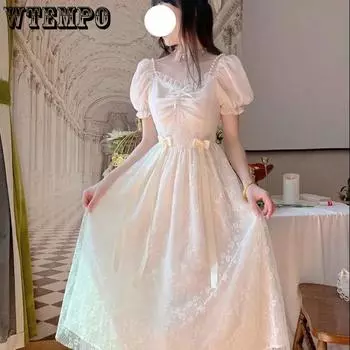 Платье WTEMPO Brand Soft Mist Small Fresh с бантом и рукавами-пузырями, платье Sen System First Love, супер-сказочное платье с принтом и принтом, платья с надписью A Word S абрикосовый