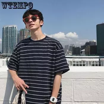 Летний мужской полосатый топ с коротким рукавом WTEMPO Brand, свободная и простая модная футболка с коротким рукавом, молодежный тренд, круглый вырез, пуловер, топы M чёрный