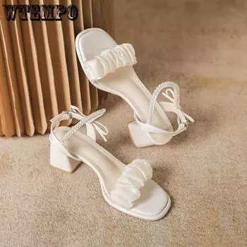 WTEMPO брендовые летние универсальные нишевые женские сандалии, темпераментные сандалии с одним словом и пряжкой на толстом каблуке, высокие каблуки с жемчугом 35 абрикосовый