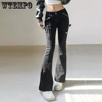 WTEMPO брендовые ретро уличные популярные стильные джинсы для девочек с низкой талией, джинсы с микро-клеш, повседневные брюки с индивидуальными карманами, женские брюки-клеш с микро-клеш S чёрный