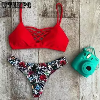 WTEMPO брендовый женский летний пляжный сексуальный комплект бикини из двух предметов, купальник, купальный костюм, купальники S красный