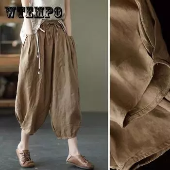 WTEMPO брюки-фонарики M-XXXL, хлопковые льняные брюки, женские весенне-летние свободные брюки с эластичной резинкой на талии, однотонные повседневные брюки XXXL чёрный