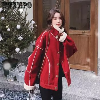 WTEMPO Buttons Stand Collar Christmas Red Coat with Pockets Women s Thick Warm Autumn Winter Large Size Plush Jackets M красный