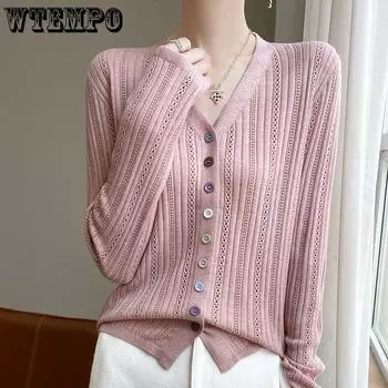 WTEMPO Casual Versatile Long Sleeve Button Sweater Cardigans Large Size Solid Color Women s V-Neck Loose Knitted Cardigans S чёрный