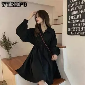 WTEMPO черно-белое платье-рубашка женское корейское стильное платье-поло с длинным рукавом повседневное однотонное тонкое мини-платье с запахом уличная одежда S чёрный